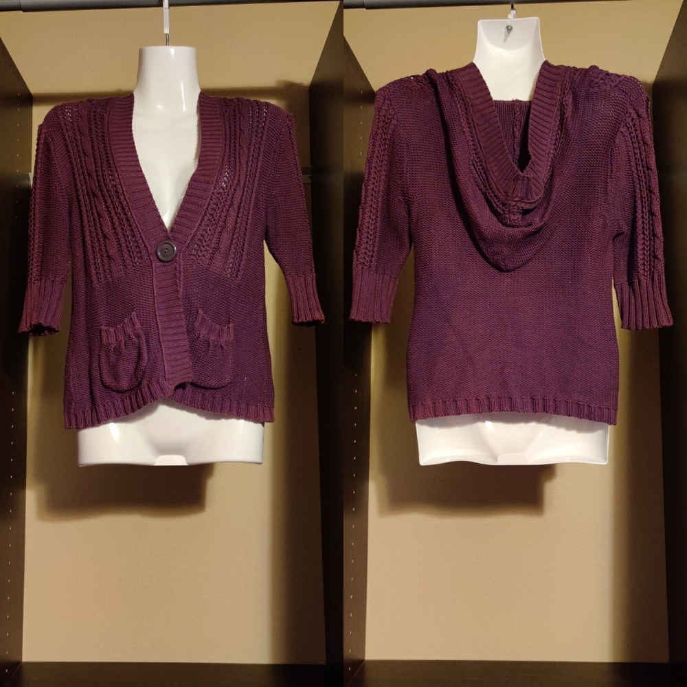 Loca Loca Purple Eggplant Aubergine 1/2 Sleeve Cardigan Sweater Hoodie Women's M